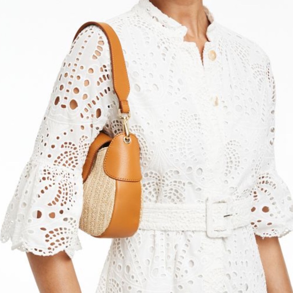 Mark & Graham faux Raffia Shoulder Bag! Tan Leather, Bamboo Latch & Gold Accent! - Picture 4 of 14